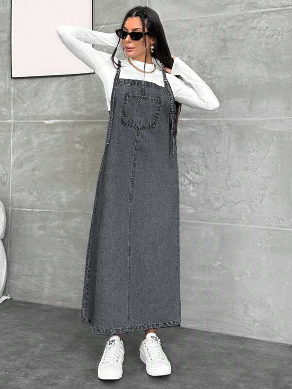 EURMUSE WOMEN LONG DENIM DRESS POCKET DETAILED