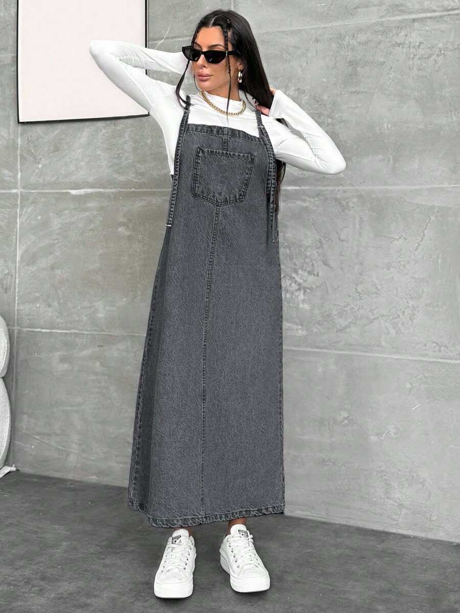 EURMUSE WOMEN LONG DENIM DRESS POCKET DETAILED - Light Grey - View 1