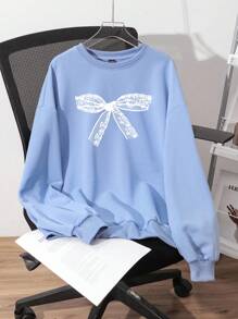 Muchica Áo nỉ dài tay rộng in họa tiết nơ ren trắng tối giản giản dị dành cho nữ, phù hợp cho mùa thu đông - Màu xanh bụi bặm - Xem 2