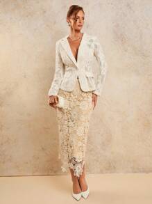 COSMINA 秋季女装花卉提花蕾丝镂空优雅薄款长袖西装外套，女士优雅服装 - 杏色 - 查看 7