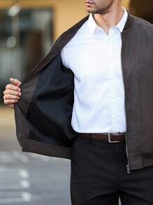 Manfinity Homme Men's Long Sleeve Casual Suede Zipper Front Casual Brown Bomber Jacket Fleece - Khaki - View 6