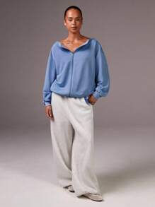 Athîral 女士纯色落肩拉链宽松休闲卫衣，返校季，秋季女装，大码 - 藍色 - 查看 6