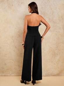 COSMINA 女士优雅金属纽扣露背吊带上衣和宽松阔腿裤套装秋冬 - 黑色 - 查看 3