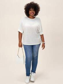 Comfylo 夏季寬鬆基礎短袖大尺碼T恤，家居和戶外休閒服 - 白色 - 查看 4