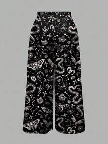 ROMWE Goth 哥特神秘黑暗学院骷髅、渡鸦、十字架、星星、飞蛾、蛇、星座、眼睛、月亮图案宽松阔腿黑色大码女裤 - 黑色 - 查看 2