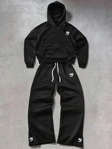 PAVTROS 男士 INS 配星印花基本款裤子，带侧拉链，休闲街头服饰，男友/丈夫礼物，周年纪念礼物，时尚连帽衫套装，男士慢跑套装，黑色两件套男士，运动套装 - 黑色 - 查看 1