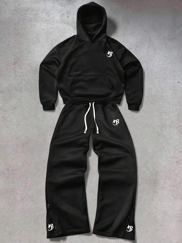 PAVTROS 男士 INS 配星印花基本款裤子，带侧拉链，休闲街头服饰，男友/丈夫礼物，周年纪念礼物，时尚连帽衫套装，男士慢跑套装，黑色两件套男士，运动套装 - 黑色 - 查看 1