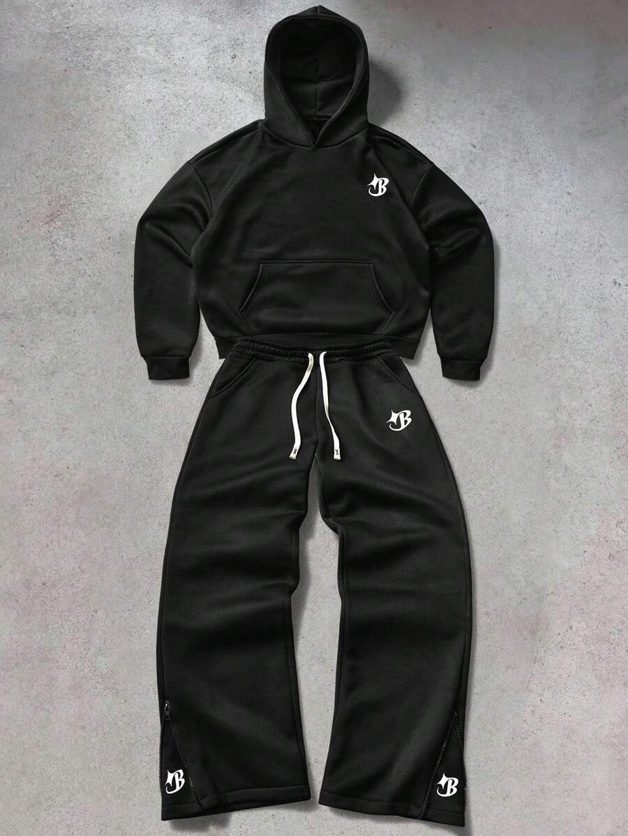 PAVTROS 男士 INS 配星印花基本款裤子，带侧拉链，休闲街头服饰，男友/丈夫礼物，周年纪念礼物，时尚连帽衫套装，男士慢跑套装，黑色两件套男士，运动套装 - 黑色 - 查看 1