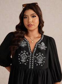 Elaquor Plus Size Casual Minimalist Vacation Embroidered V-Neck A-Line Loose Dress For Women, 3/4 Sleeve, Black,Fall Clothes For Women - Black - View 7