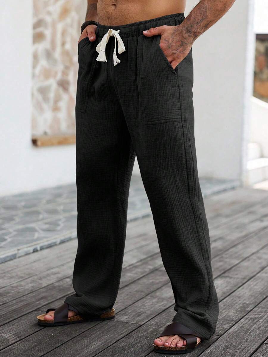 VENTUSAIL Men's Drawstring Waist Casual Pure Cotton Patch Pocket Loose Pants Men Pants Casual Linen Men Pants Men Summer Pants Men Loose Pants. Men Drawstring Waist Straight Leg Pants, Plain Vacation Slacks Pants, For Daddy & Husband, Boyfriend Gifts, Fall - Black - View 1