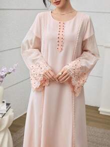 Yasmyna 优雅奢华精工拼布宽松年轻女士时尚高端连衣裙 - 粉色 - 查看 6