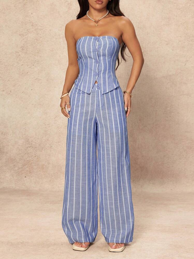 SHEIN PETITE Conjunto Casual Feminino de 2 Peças com Regata Listrada de Abotoamento Único e Calça Pantalona, Conjuntos de Loungewear para Uso Diário - Azul bebê - Visão 9