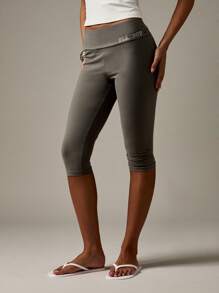 Missguided x Playboy High Waisted Capri Leggings Rhinestone Logo Detail Yoga Active Wear Fold Over Waistband Pants