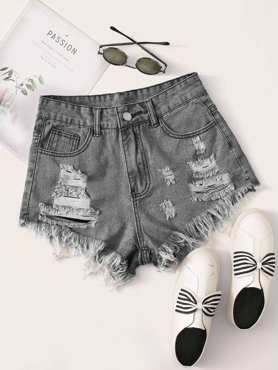 SHEIN ICON Women Simple Frayed Hem Shorts For Daily Wear - Light Grey - View 1