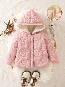 SHEIN Playful Pals 1 Stück Winterjacke für Baby Mädchen, neues Herbst/Winter Blumenstich Muster Kapuzen Dicke Kawaii Lässig Vielseitig Einfarbig Rosa Knopf Vorne Warmer Mantel - Pink - Übersicht 1