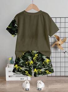 SHEIN 2pcs/Set Young Boy Casual Cartoon Dinosaur Print Round Neck Short Sleeve T-Shirt And Shorts Set, Summer