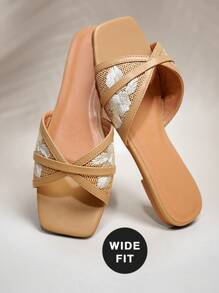 SHUZIA 女式宽版时尚舒适草编拉菲草带平底凉鞋 - 米色 - 查看 4