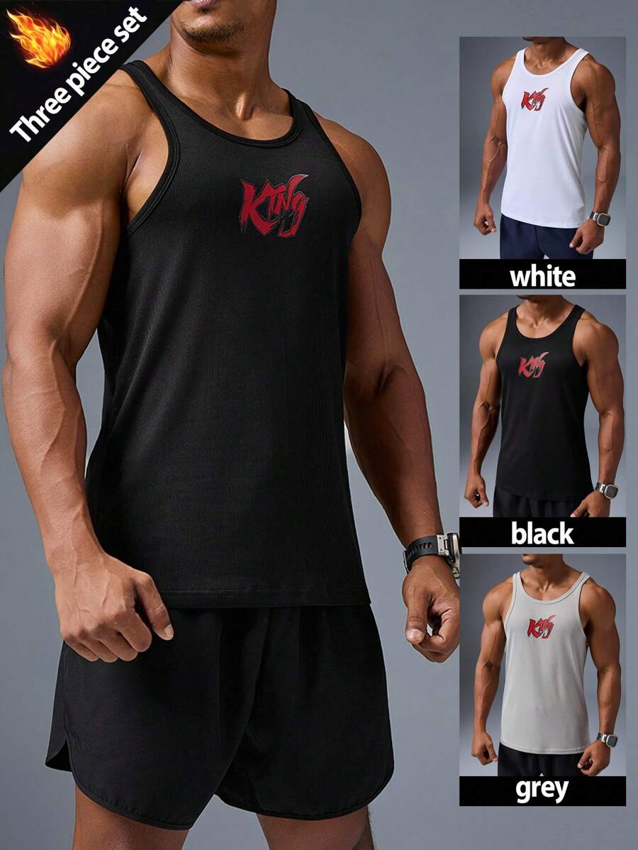 Manfinity Sport Corelite 3 件套男士纯色圆领休闲运动背心健身上衣背心套装基本款 T 恤篮球运动服男士连帽衫