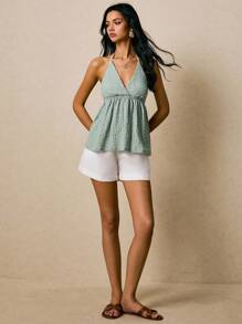 Poéselle Women's Summer Sexy V-Neck Halter Backless Embroidered Ruffle Hem Top - Green - View 3