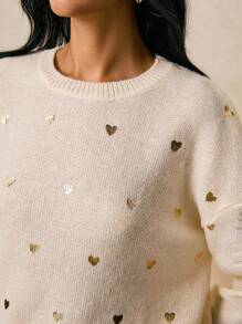 Poéselle Women's Heart Pattern Crew Neck Casual Versatile Long Sleeve Pullover Sweater, Women Sweaters, Heart Sweater, Gold Heart Sweater In Fall/Winter - Apricot - View 3
