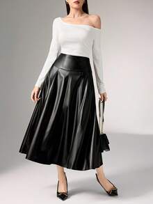 Heiryn Minimalist & Fashionable Berry-Colored PU Leather Skirt For Women - Black - View 4