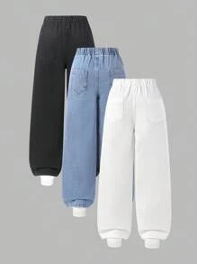 SHEIN Bộ 3 quần jeans ống rộng dễ phối đồ cho bé gái tuổi teen, dáng rộng thoải mái, thích hợp đi học, đi đại học, mùa thu đông. - Nhiều màu - Xem 2