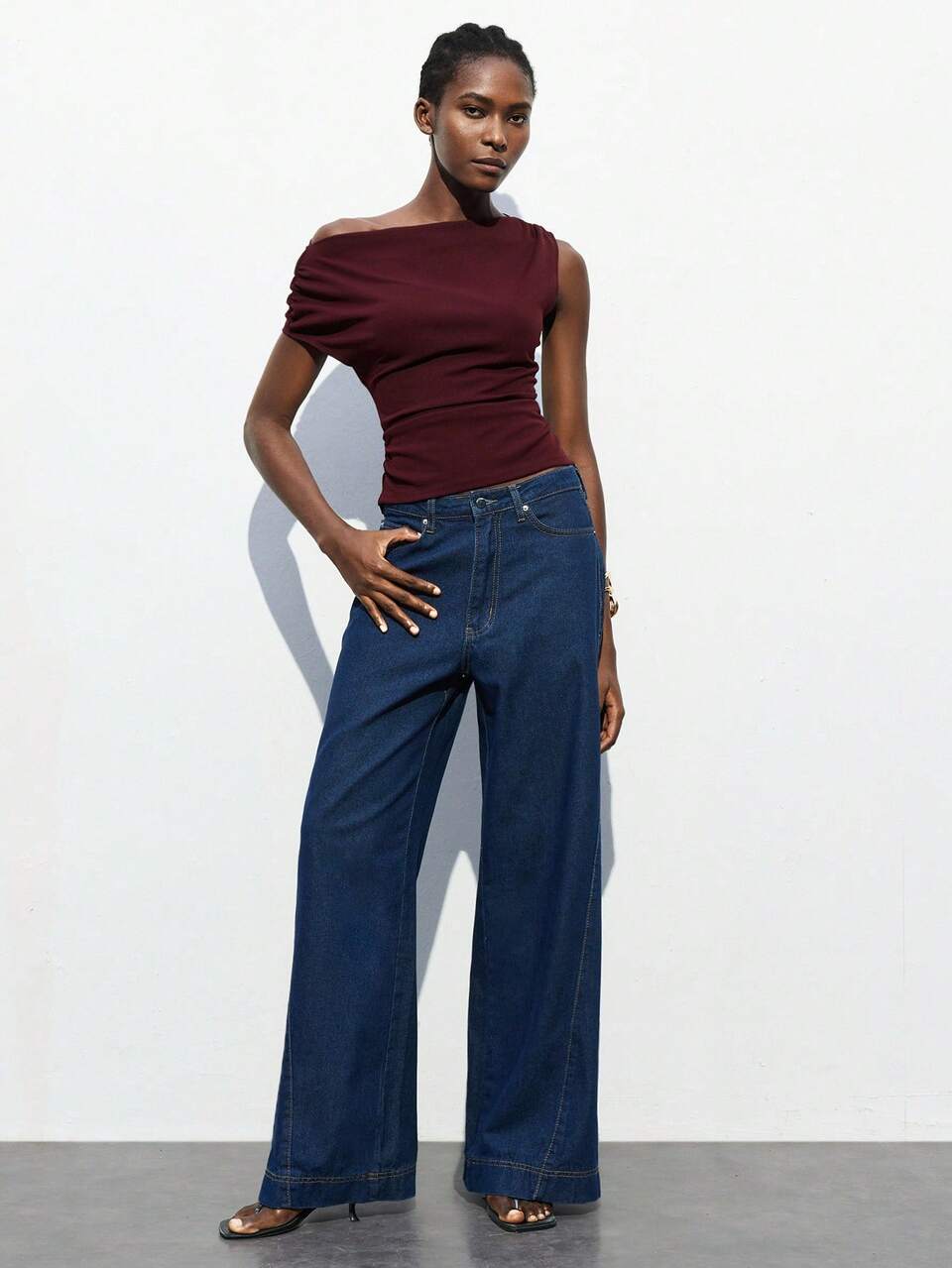 SHEIN Maija Women's Elegant Burgundy Summer Asymmetric Pleated Neckline Short Sleeve Top, Asymmetrical Shoulder Brunch Club Concert Solid Top