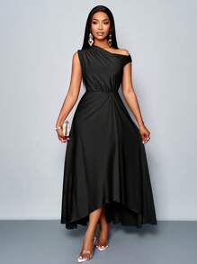 SOLERSUN 女式春夏时尚优雅约会派对紫色弹力针织舒适褶皱细节垂坠连衣裙不对称领口不对称下摆开衩长裙 - 黑色 - 查看 8