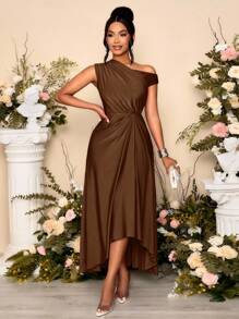 SOLERSUN Women's Spring And Summer Fashion Elegant Date Party Purple Stretch Knit Comfort Gathered Details Draped Dress Asymmetric Neckline Asymmetric Hem Slit Long Dress - Brown - View 7