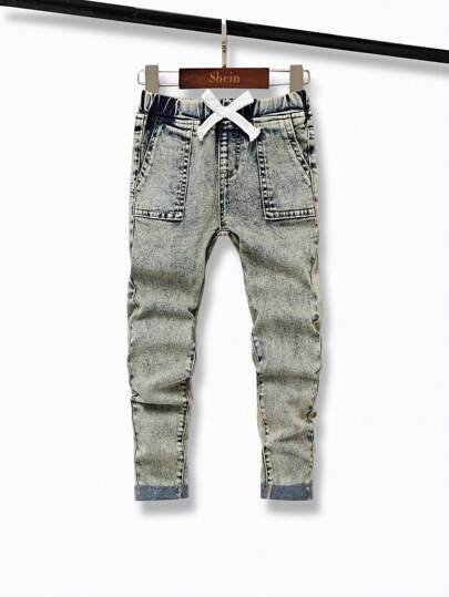 SHEIN 小男孩休闲时尚男童服装舒适松紧腰带蓝色弹力牛仔裤，适合日常穿着和返校服装