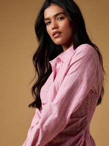 MISSGUIDED Long Sleeve Button Down Mini Dress Collared Ruched Waist Striped Shirt Dress Fall Winter Spring Fashion Statement Business Professional Attire Classic Design - Pink - View 5