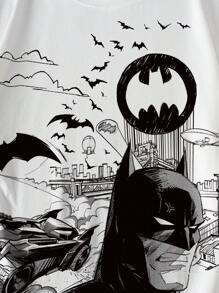 BATMAN X SHEIN 男士休闲字母与人物图案圆领短袖 T 恤，夏季 - 白色 - 查看 5