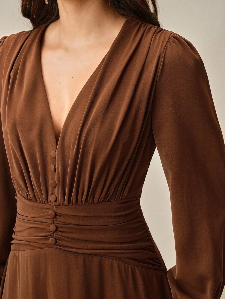 2025 Summer New Fashion High-End Unique Pleated Deep V-Neck Long Sleeve Dress, Elegant, Yellow, Vintage, Waist-Cinched, Flared Skirt