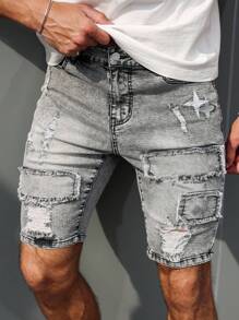 Manfinity LEGND Pantalones cortos informales de mezclilla desgastados para hombre, para verano