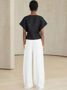 Aveloria Modichic Damen V-Ausschnitt Jacke aus paillettenbesetztem Tweed mit asymmetrischem Schnitt, leichte Blazerjacke - Schwarz - Übersicht 2