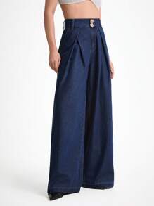 Daynim 女士休闲通勤阔腿牛仔裤 阔腿牛仔裤 喇叭牛仔裤 女士牛仔裤 喇叭裤 牛仔裤 高腰牛仔裤 - 深色水洗藍 - 查看 4