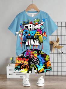 SHEIN 2pcs/Set Young Boy Casual Simple Round Neck Short Sleeve T-Shirt And Shorts Set, Suitable For Summer