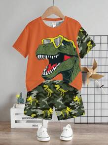 SHEIN 2pcs Boy Casual Minimalist Round Neck Short Sleeve T-Shirt And Shorts Set, Summer - Multicolor - View 3