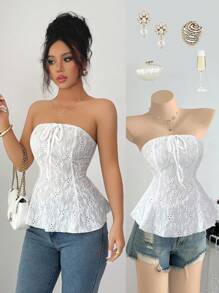 Elenzga 全新甜辣风格白色法式蝴蝶结吊带上衣，弹力提花面料，修身短款吊带背心 - 白色 - 查看 3