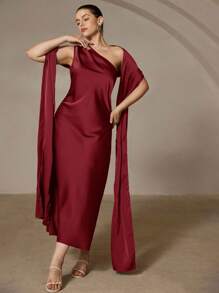 Aveloria Rosie Plus Size Sleeveless Midi Dress With Asymmetrical Asymmetric Hem, High Waist, Wrapped Satin Scarf, Party Dress - Burgundy - View 4