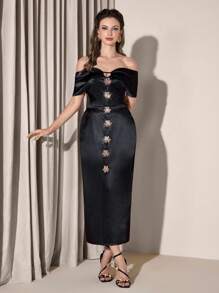 Poshira Women's Elegant Metal Decor Off Shoulder Midi Dress, Party Attire Black Midi Dress Satin Midi Dress Corset Midi Dress Off The Shoulder Midi Dress Black Satin Dress,Women Stylish Casual Fall Autumn Outfits, Cute Vintage Modest Women Outfits, Back To School School Outfits, Back To School Dresses, Women Teacher Outfits - Black - View 6