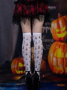 ROMWE Grunge Punk Calcetines de estilo punk de Halloween con estampado cruzado aleatorio hasta la rodilla, calcetines casuales personalizados de estilo Y2K que llegan sobre la rodilla, adecuados para fiestas, reuniones y eventos sociales - Blanco - Ver 2