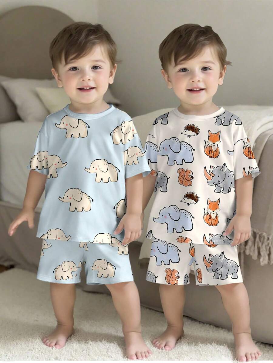 SHEIN 2 件套大象、狐狸素描印花透气柔软舒适睡衣男童家居服宽松休闲套装，适合夏季 - 彩色 - 查看 1