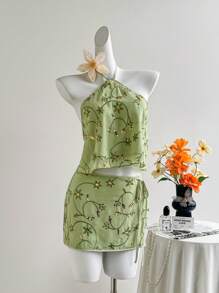 Sweetra 女士新款系带露背上衣和绿色迷你 A 字裙套装，适合海滩度假，春夏季 - 綠色 - 查看 6