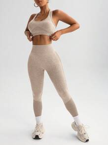 Easithlete 女士纯色圆领无袖上衣和松紧腰宽松长裤运动套装健身女士套装 - 咖啡棕 - 查看 2