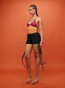 SUMWON WOMEN Quần short booty đan móc tua rua tua rua lễ hội đồ đi biển mùa hè kỳ nghỉ bên hồ bơi - màu đen - Xem 3
