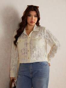 Elaquor Camisa de moda de manga larga con bolsillo, cierre de un pecho y estampado floral jacquard para mujer de talla grande - Albaricoque - Ver 6