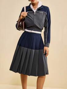 Muvela Chaqueta sofisticada de estilo universitario retro con contraste de color, adecuada para otoño, temporada de vuelta al colegio, salidas diarias, estilo campus, viajes, aeropuerto, deportes vintage, elegante