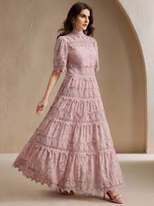 Anewsta Women's Hollow Collar Puff Sleeve Lace Patchwork Cinched Waist Long Dress, Elegant Vacation Style