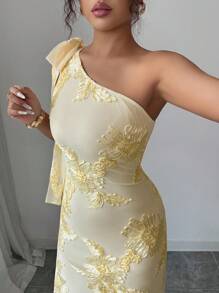 Elenzga 提花针织透视性感不对称领口交叉紧身鱼尾连衣裙 - 杏色 - 查看 4